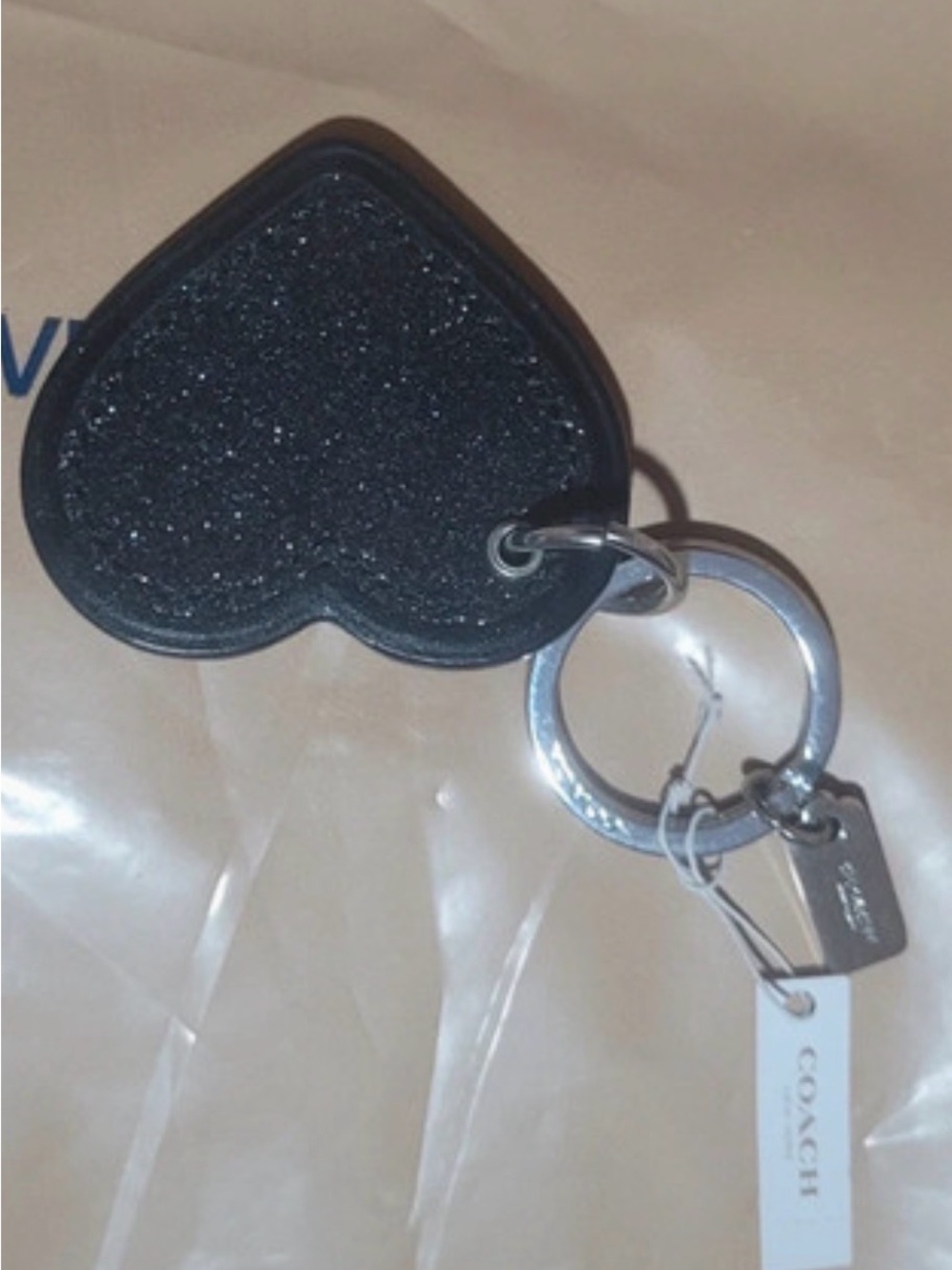 Coach Black Glitter Heart Key Ring with Silver Hardware